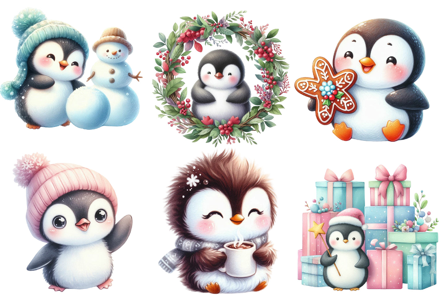 Cute Christmas Penguin Clipart PNG Pastel Winter Holiday Sublimation