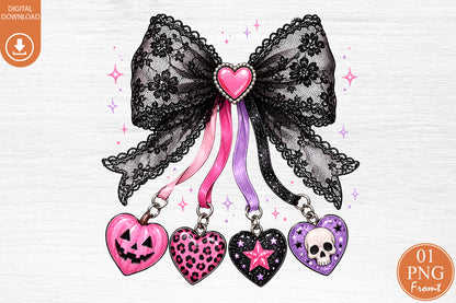 Pastel Goth Black Lace Bow Halloween Heart Charm Sublimation PNG