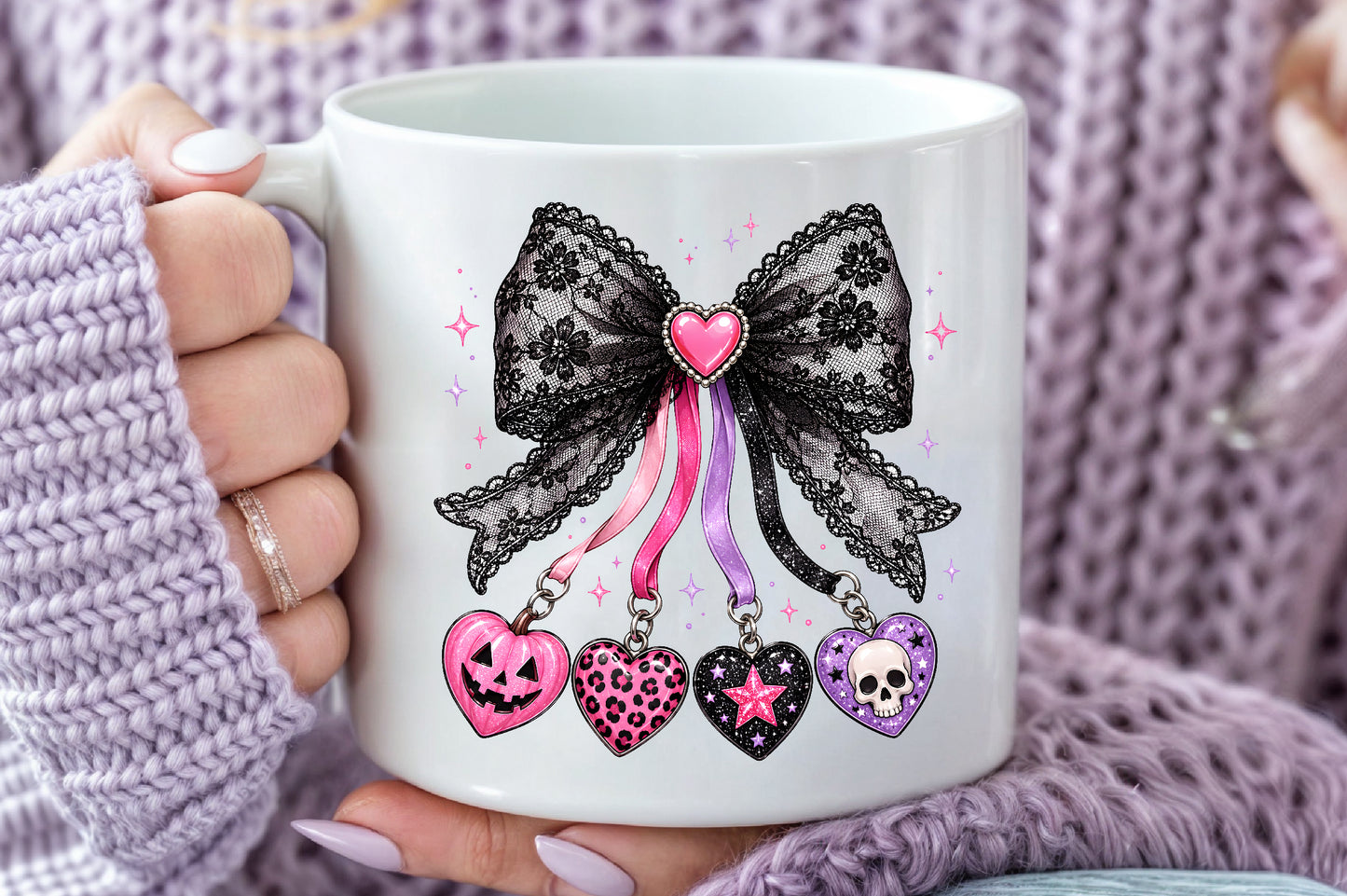 Pastel Goth Black Lace Bow Halloween Heart Charm Sublimation PNG