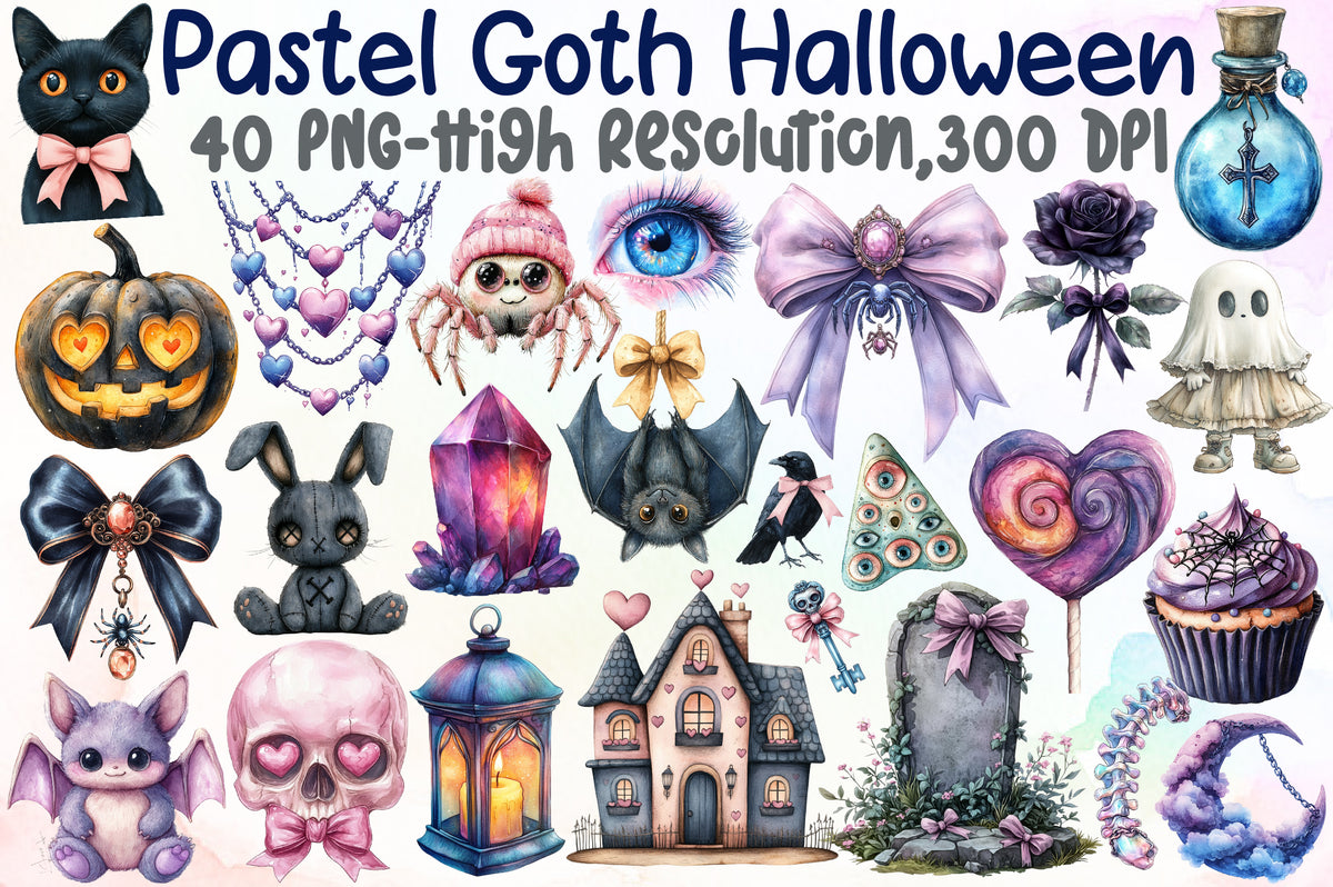 Pastel Goth Halloween Clipart Cute Spooky PNG Bundle