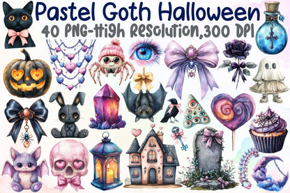 Pastel Goth Halloween Clipart Cute Spooky PNG Bundle