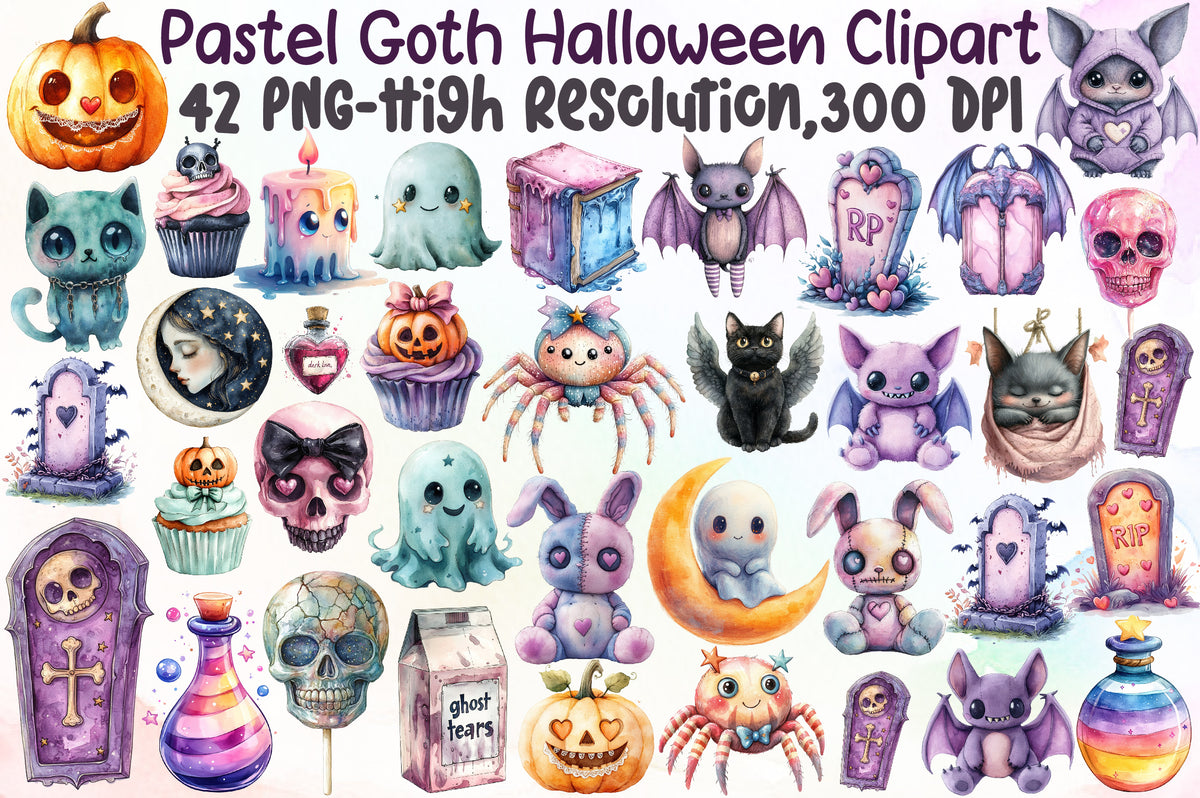 Pastel Goth Halloween Clipart Cute Spooky PNG Bundle