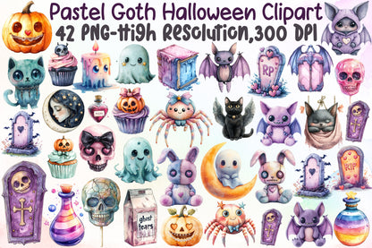Pastel Goth Halloween Clipart Cute Spooky PNG Bundle