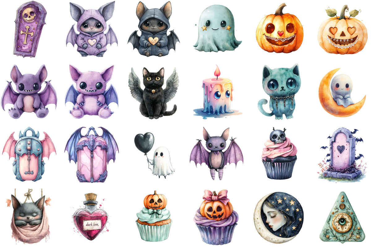 Pastel Goth Halloween Clipart Cute Spooky PNG Bundle