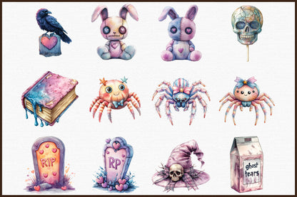 Pastel Goth Halloween Clipart Cute Spooky PNG Bundle