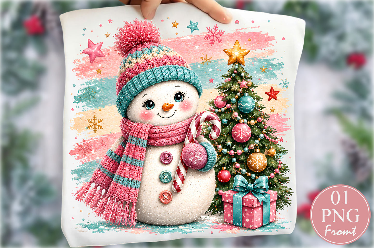 Pastel Pink Christmas Snowman PNG Sublimation Design
