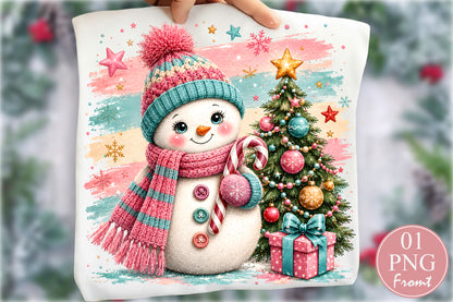Pastel Pink Christmas Snowman PNG Sublimation Design