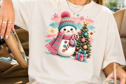 Pastel Pink Christmas Snowman PNG Sublimation Design
