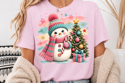 Pastel Pink Christmas Snowman PNG Sublimation Design