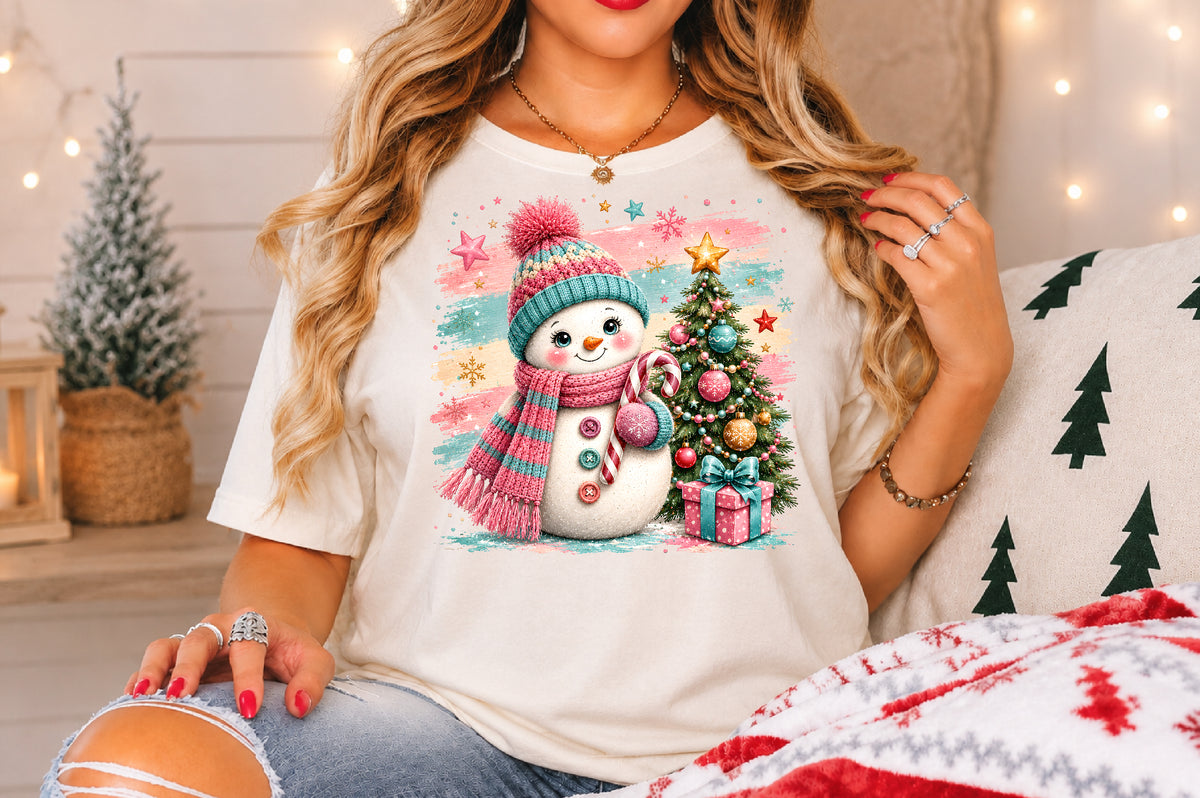 Pastel Pink Christmas Snowman PNG Sublimation Design