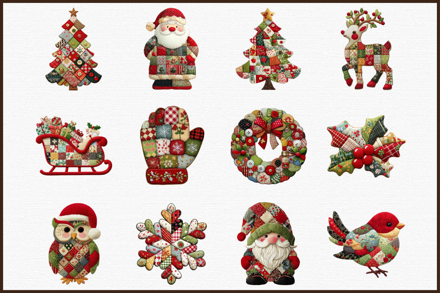 Patchwork Christmas Clipart PNG Bundle