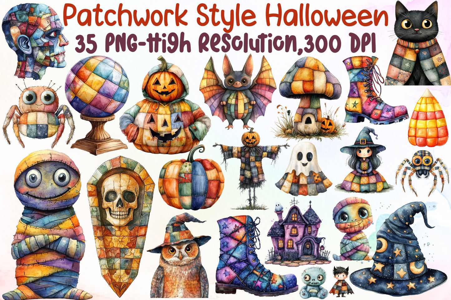 Patchwork Style Halloween Clipart Spooky PNG Bundle