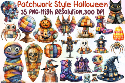 Patchwork Style Halloween Clipart Spooky PNG Bundle