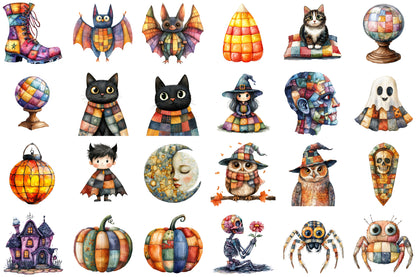 Patchwork Style Halloween Clipart Spooky PNG Bundle