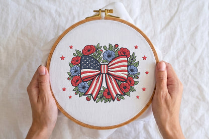 Patriotic Bow Embroidery Design – Cute American Flag Bow Machine Embroidery Pattern, Patriotic Embroidery Design