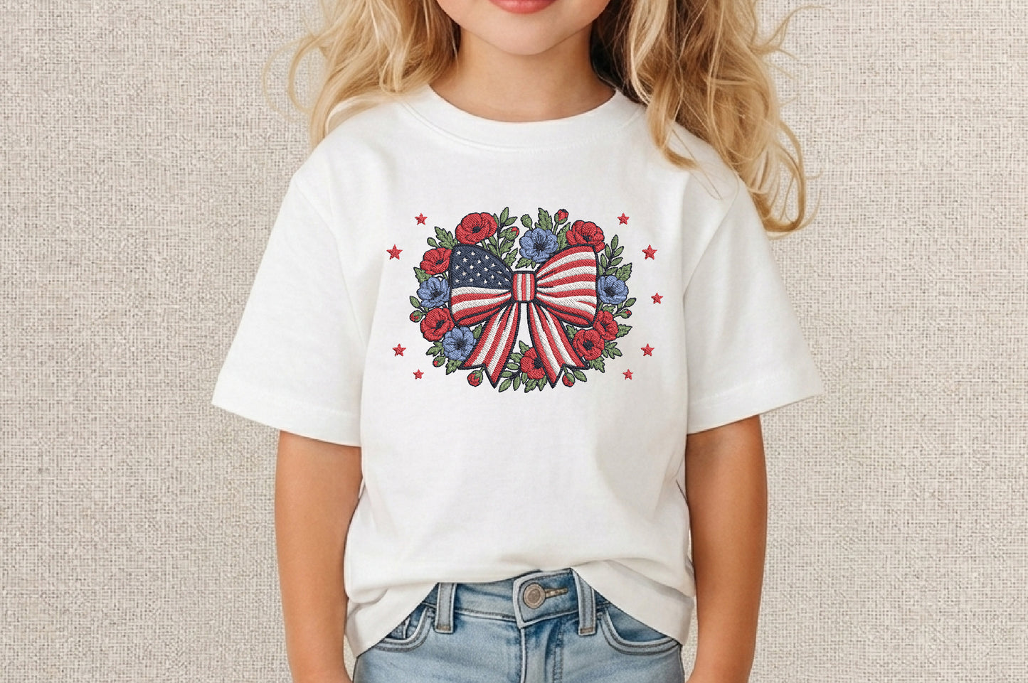 Patriotic Bow Embroidery Design – Cute American Flag Bow Machine Embroidery Pattern, Patriotic Embroidery Design