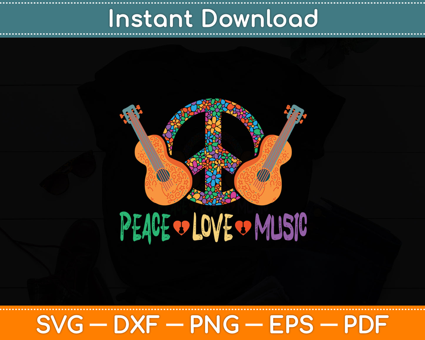 Peace Love Music Guitar Flower Rock And Roll Svg Digital Cutting File