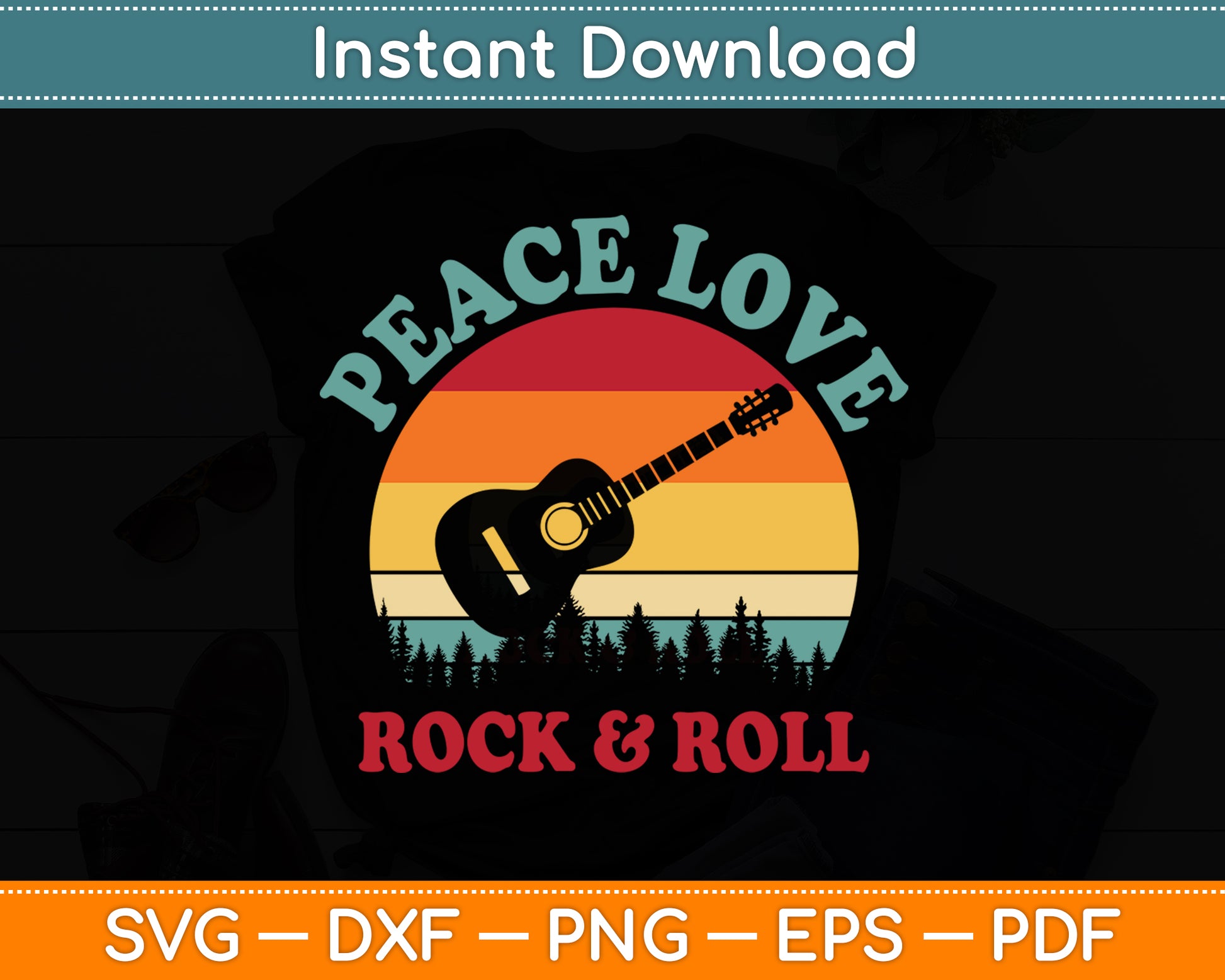 Peace Love & Rock & Roll Guitar Player Guitarist Vintage Svg Digital Cutting File