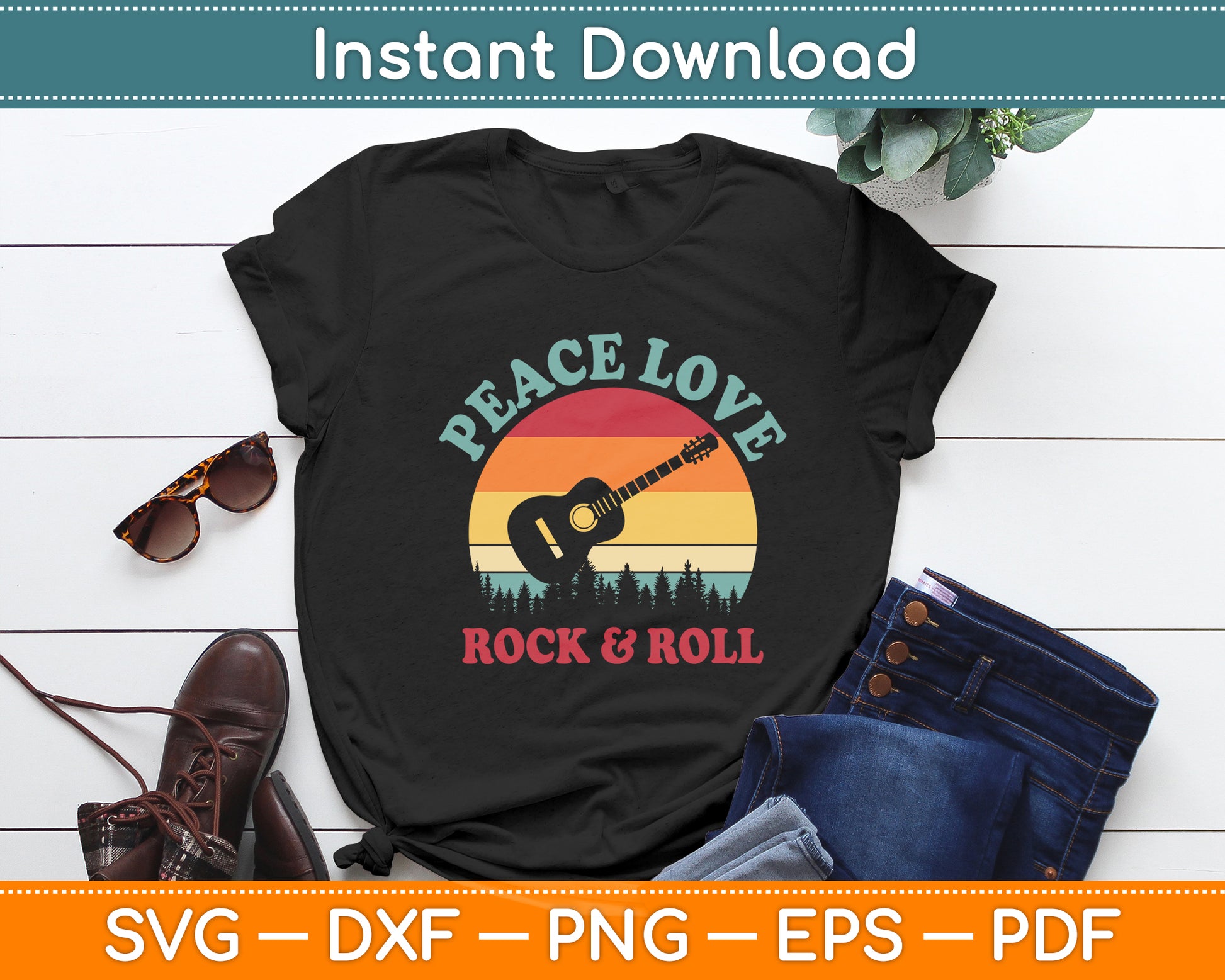 Peace Love & Rock & Roll Guitar Player Guitarist Vintage Svg Digital Cutting File