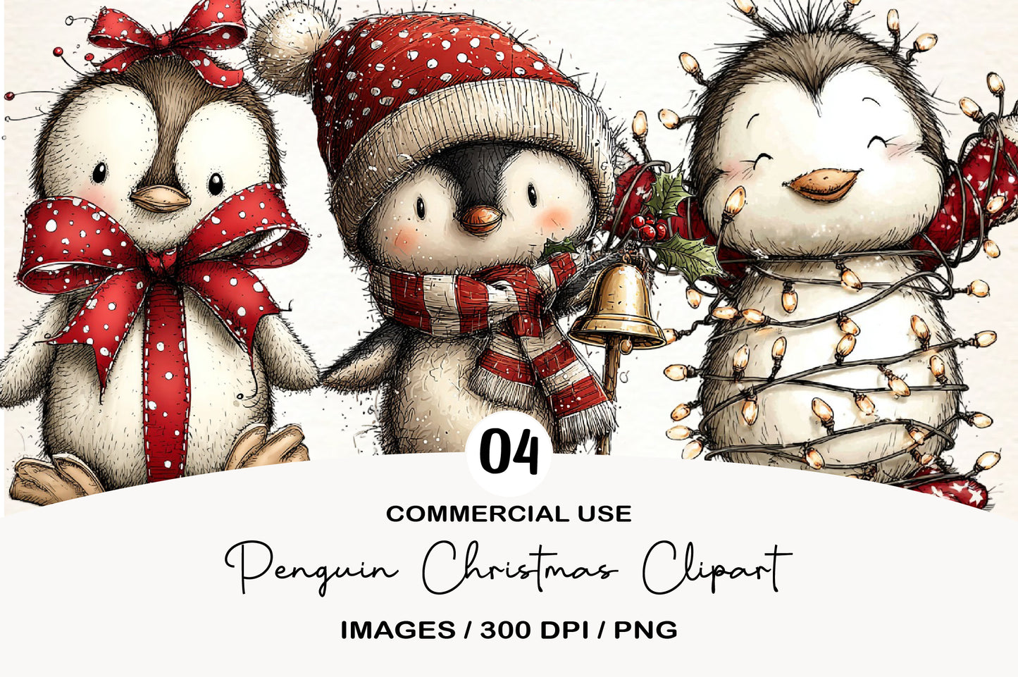 Penguin Christmas Clipart PNG Bundle | Cute Watercolor Holiday Penguin Clipart | Festive Winter Penguin PNG