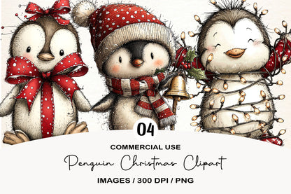 Penguin Christmas Clipart PNG Bundle | Cute Watercolor Holiday Penguin Clipart | Festive Winter Penguin PNG