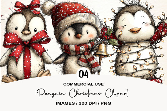 Penguin Christmas Clipart PNG Bundle | Cute Watercolor Holiday Penguin Clipart | Festive Winter Penguin PNG