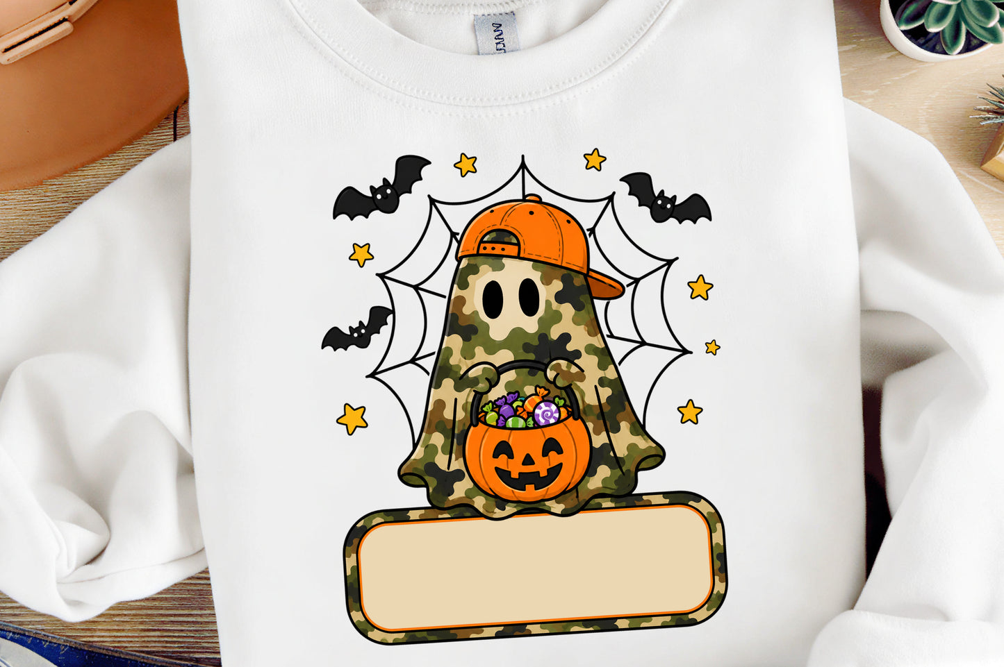 Personalized Halloween Camo Ghost PNG Cute Military Pumpkin Treat Bag