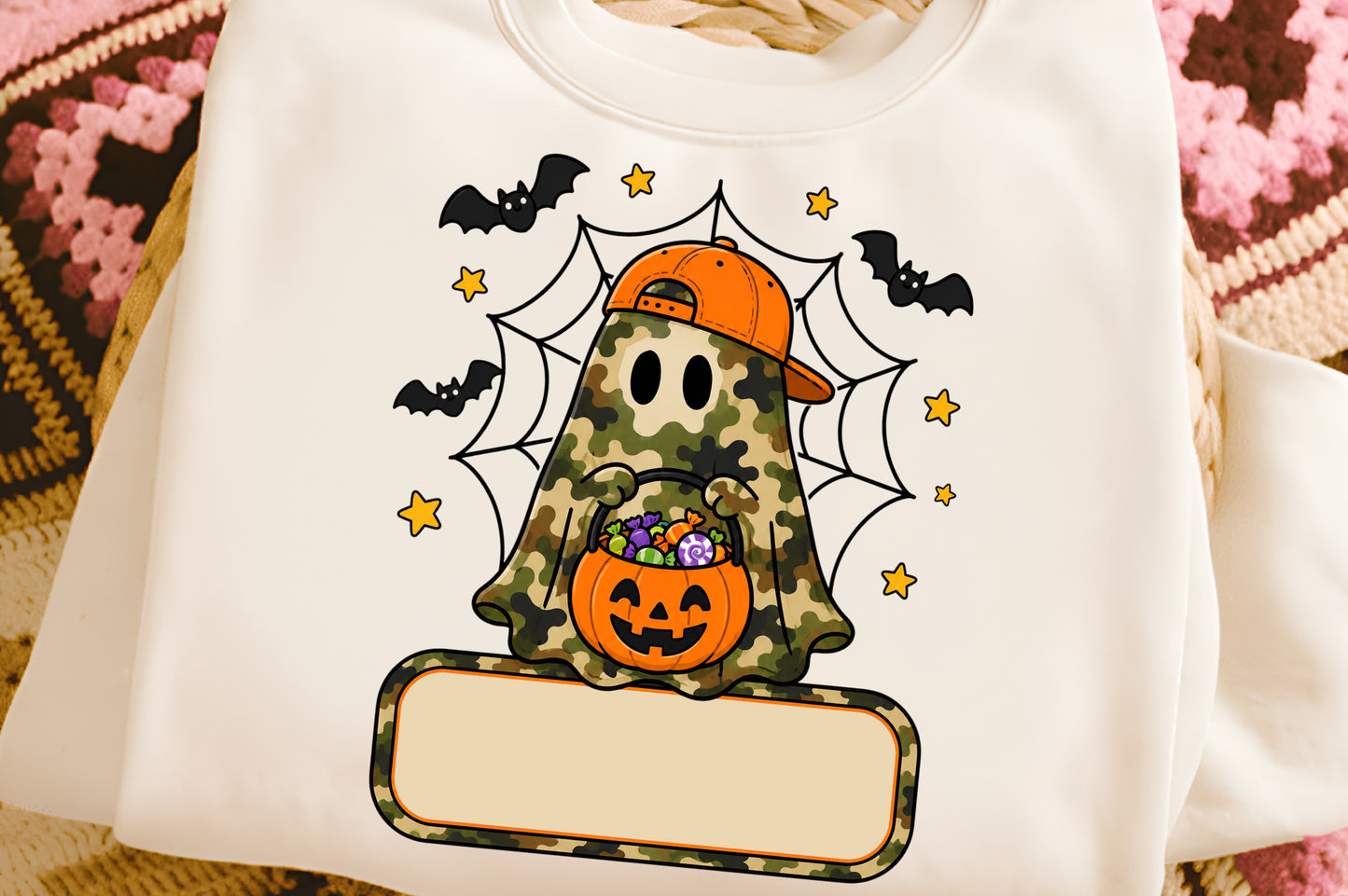 Personalized Halloween Camo Ghost PNG Cute Military Pumpkin Treat Bag