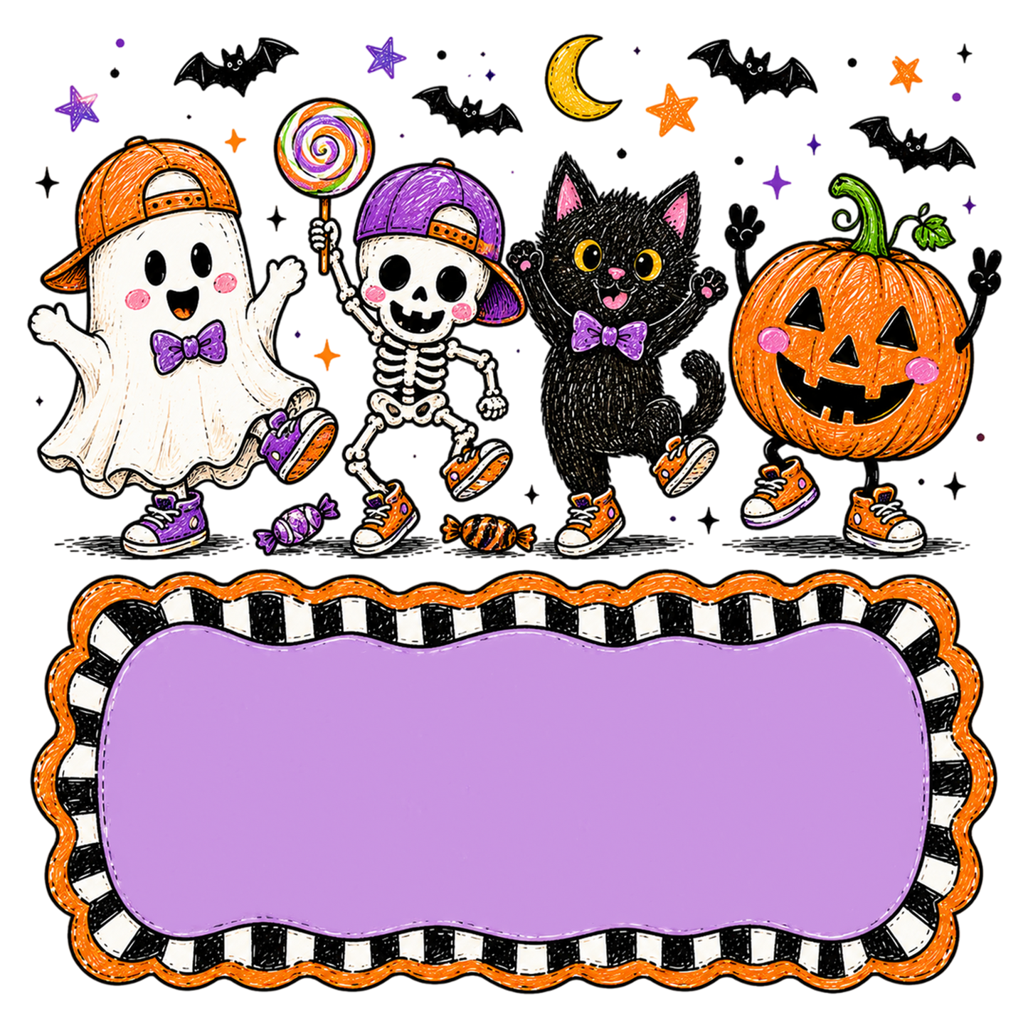 Personalized Halloween Kids PNG Ghost Skeleton Cat Pumpkin Name