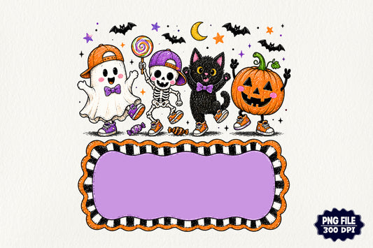 Personalized Halloween Kids PNG Ghost Skeleton Cat Pumpkin Name