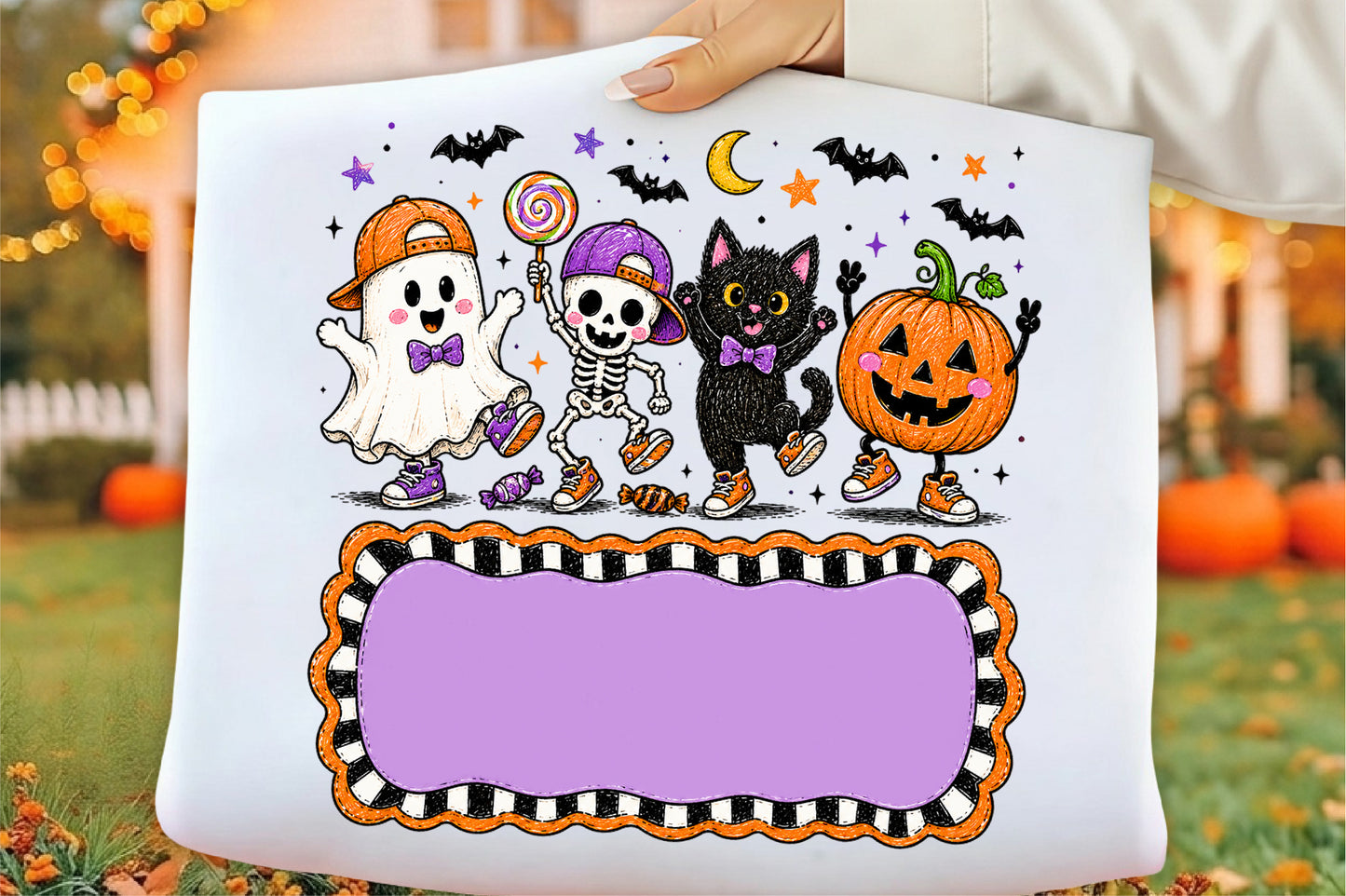 Personalized Halloween Kids PNG Ghost Skeleton Cat Pumpkin Name