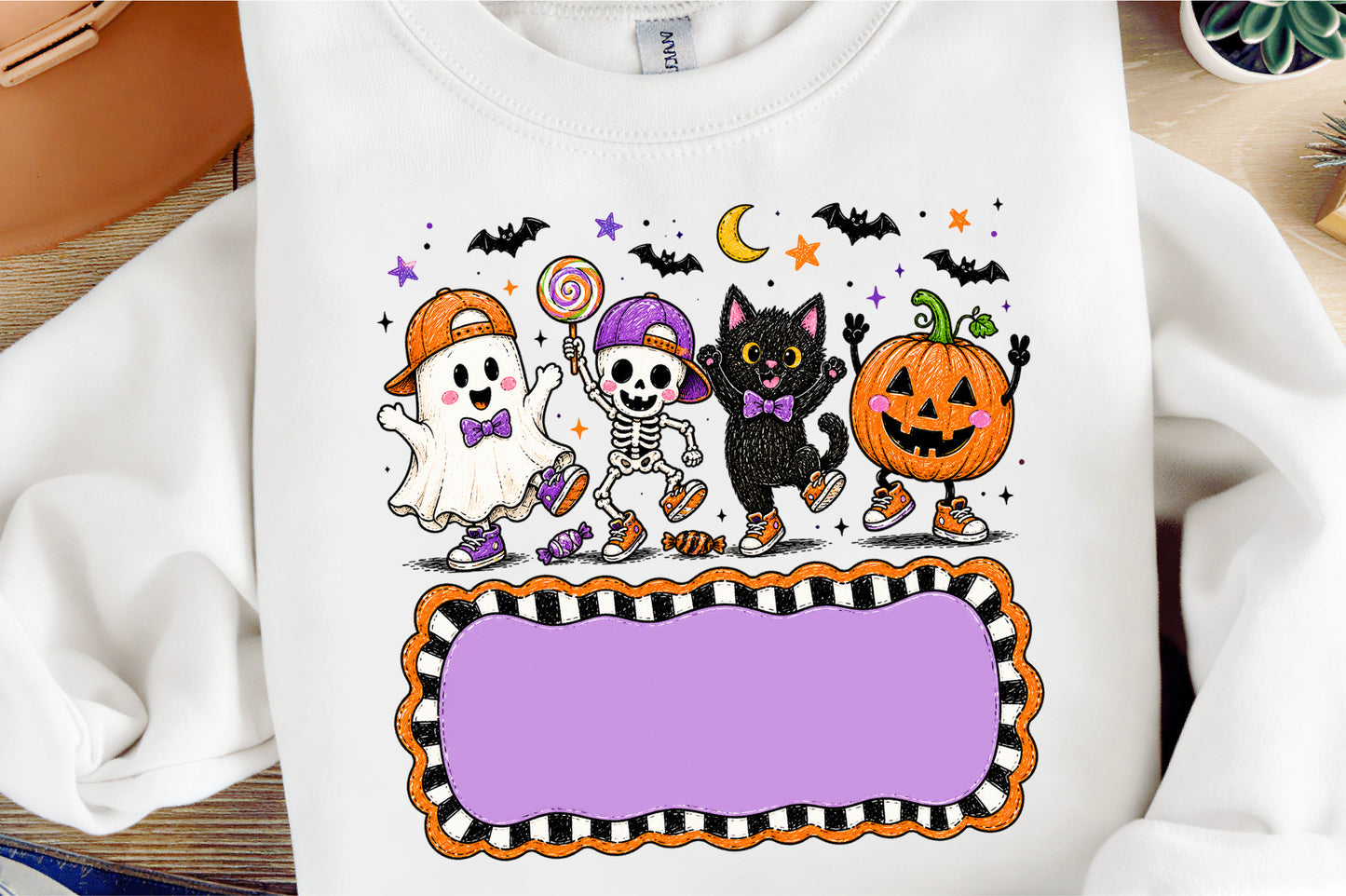 Personalized Halloween Kids PNG Ghost Skeleton Cat Pumpkin Name