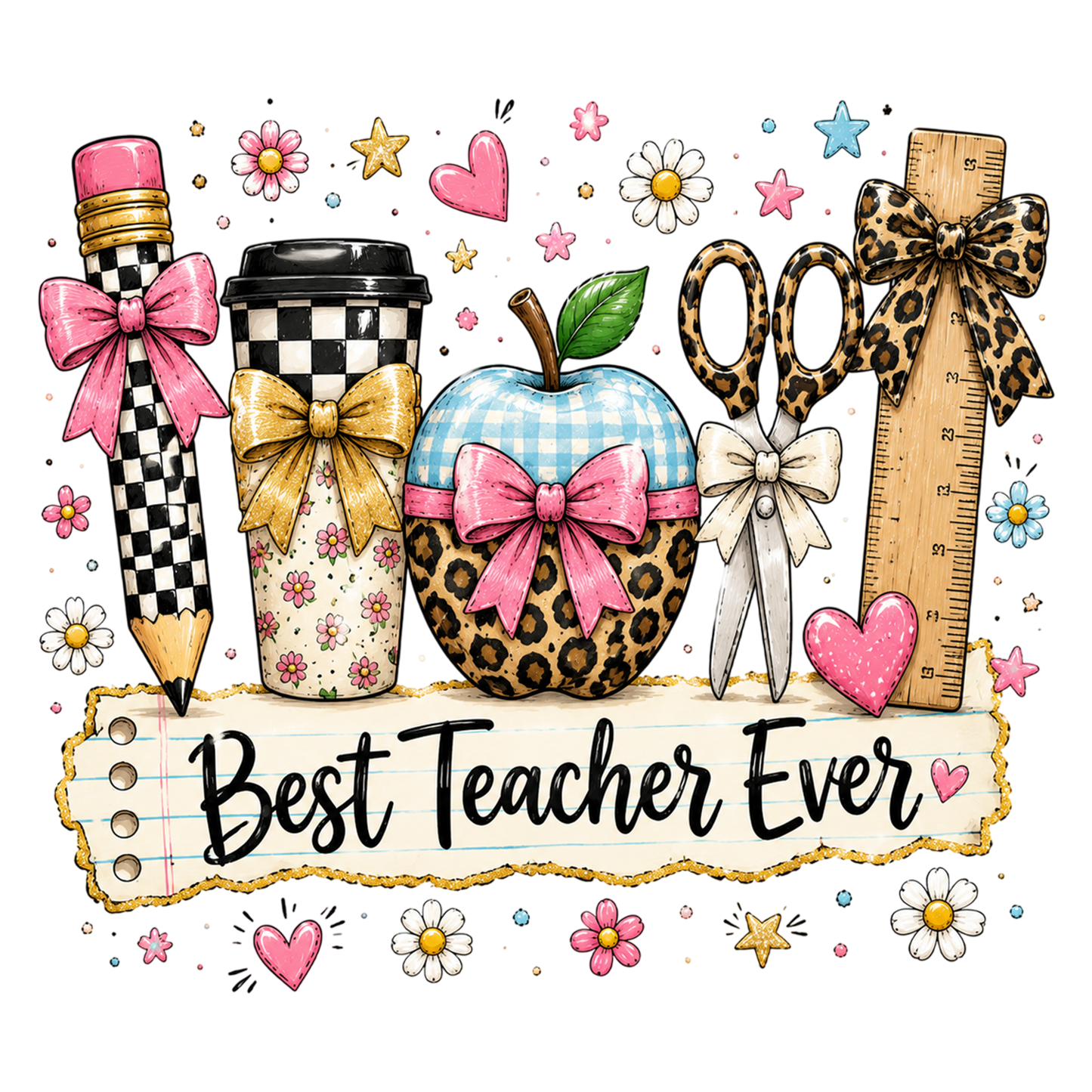 Best Teacher Ever PNG Leopard School Supplies Pink Bow Teacher Sublimation