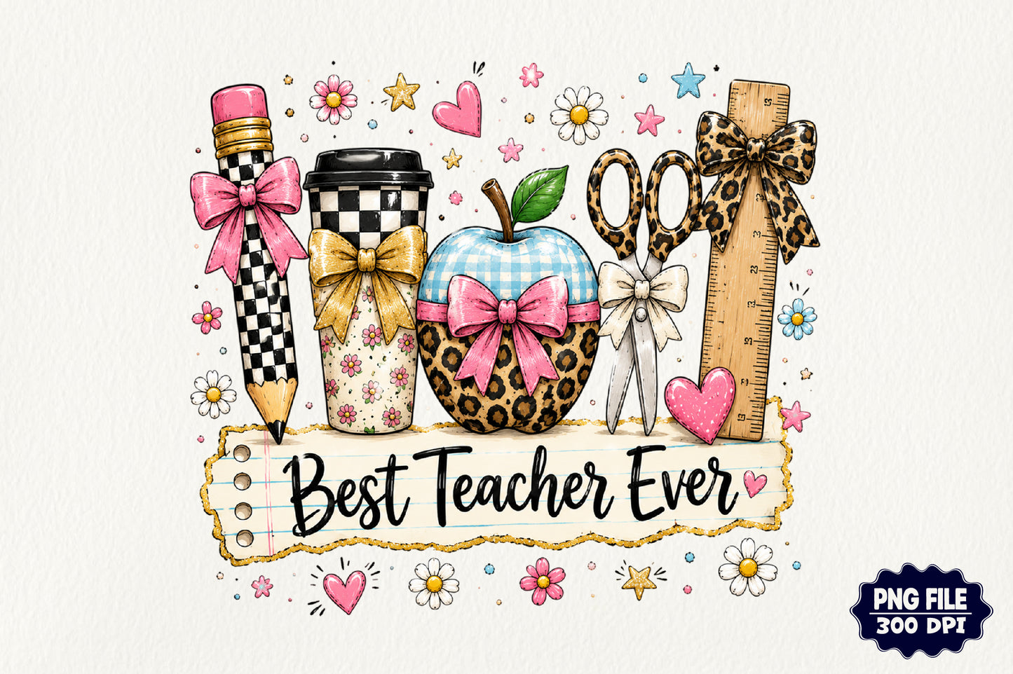 Best Teacher Ever PNG Leopard School Supplies Pink Bow Teacher Sublimation
