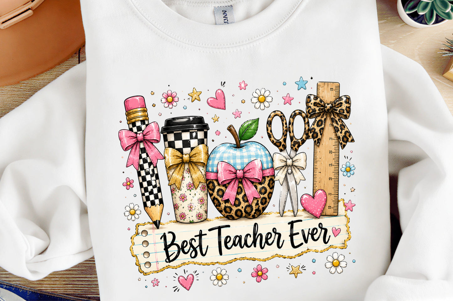 Best Teacher Ever PNG Leopard School Supplies Pink Bow Teacher Sublimation