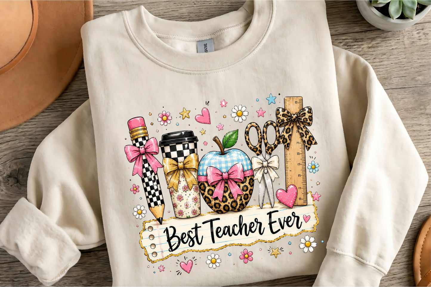 Best Teacher Ever PNG Leopard School Supplies Pink Bow Teacher Sublimation