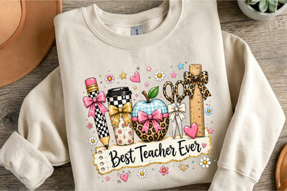 Best Teacher Ever PNG Leopard School Supplies Pink Bow Teacher Sublimation