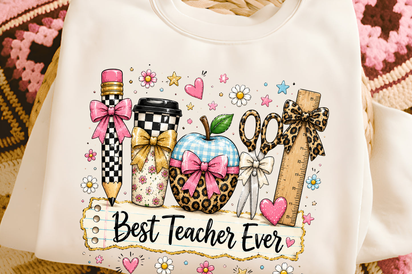 Best Teacher Ever PNG Leopard School Supplies Pink Bow Teacher Sublimation