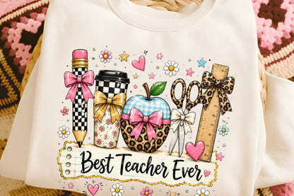 Best Teacher Ever PNG Leopard School Supplies Pink Bow Teacher Sublimation