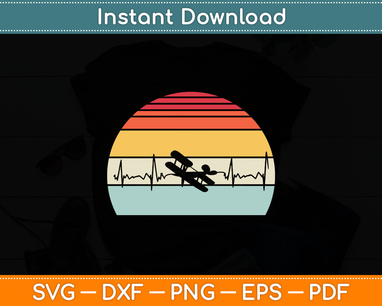 Pilot Heartbeat Airplane Pilot Vintage Svg Png Dxf Digital Cutting File
