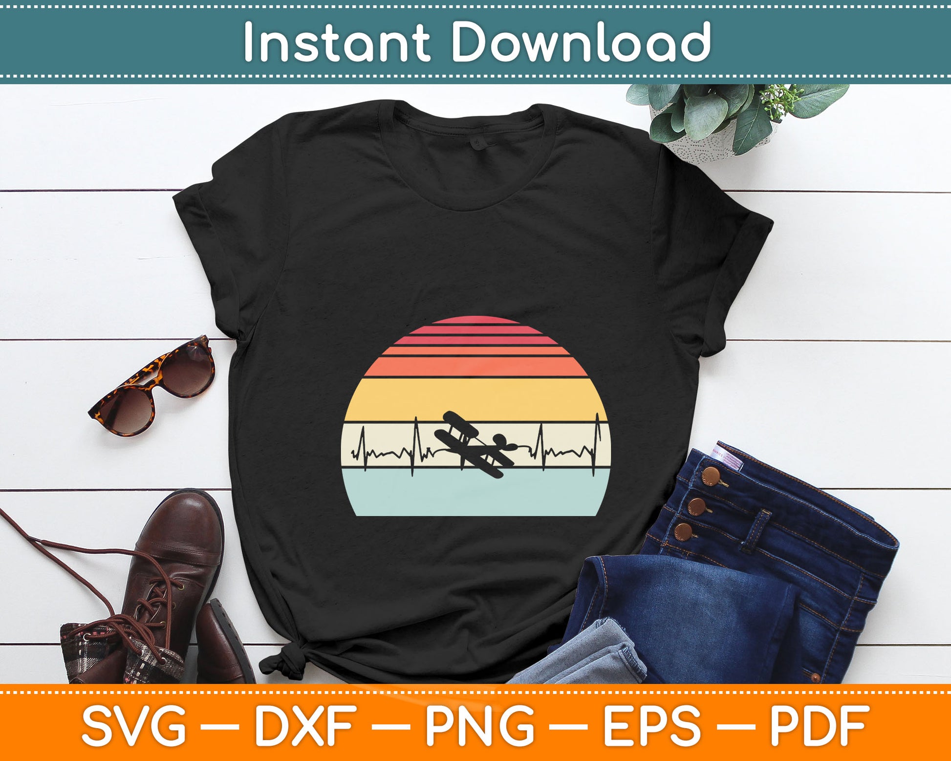 Pilot Heartbeat Airplane Pilot Vintage Svg Png Dxf Digital Cutting File