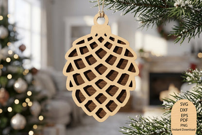 Pine Cone Christmas Ornament Laser Cut SVG, Rustic Pinecone Christmas Tree Ornament Cut File