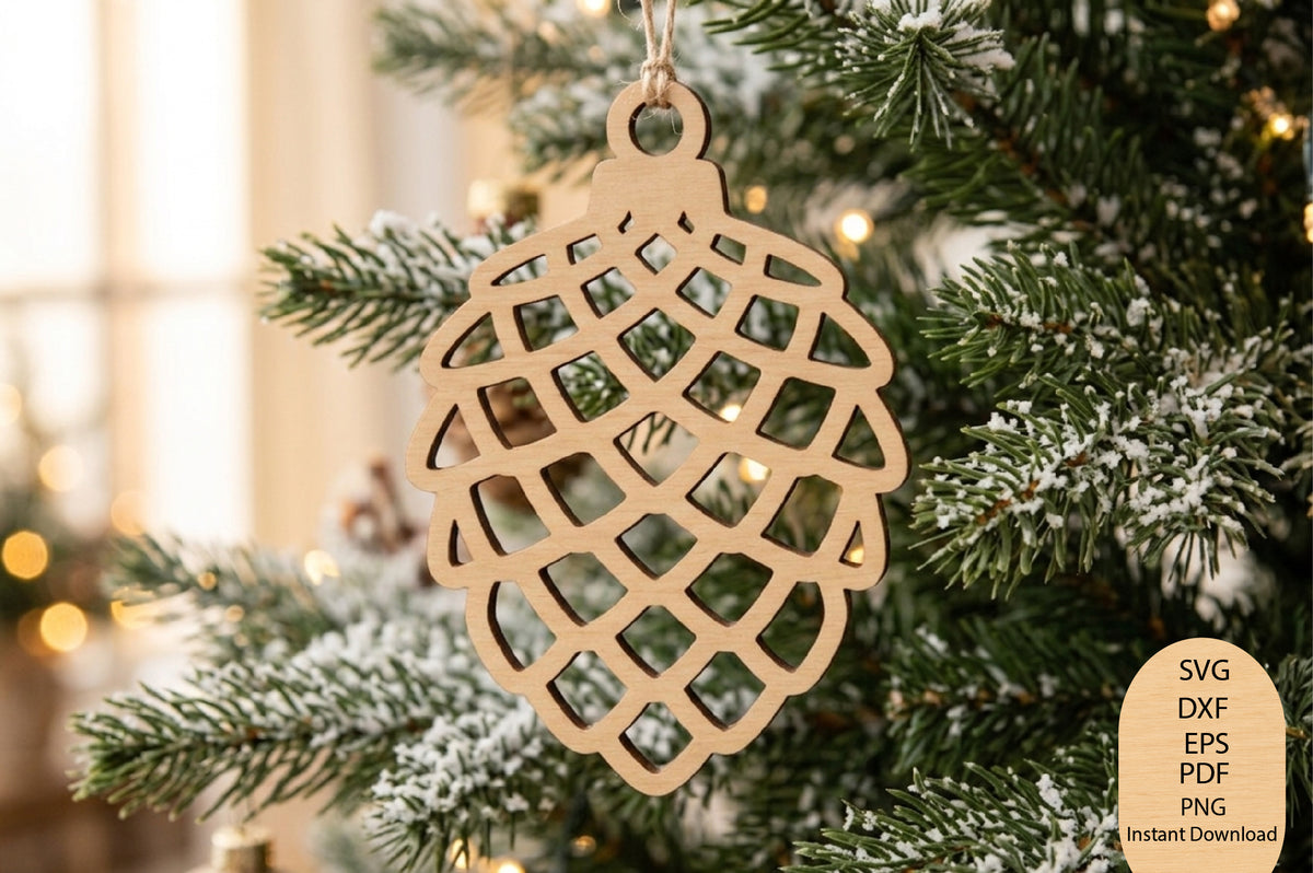 Pine Cone Christmas Ornament Laser Cut SVG, Rustic Pinecone Christmas Tree Ornament Cut File