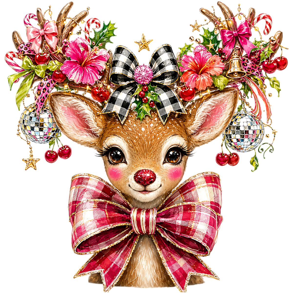Pink Bow Christmas Reindeer PNG