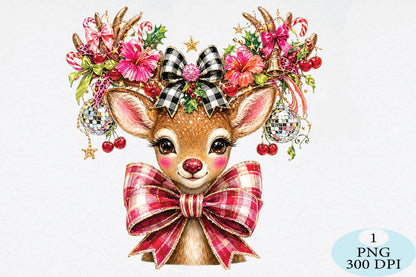 Pink Bow Christmas Reindeer PNG