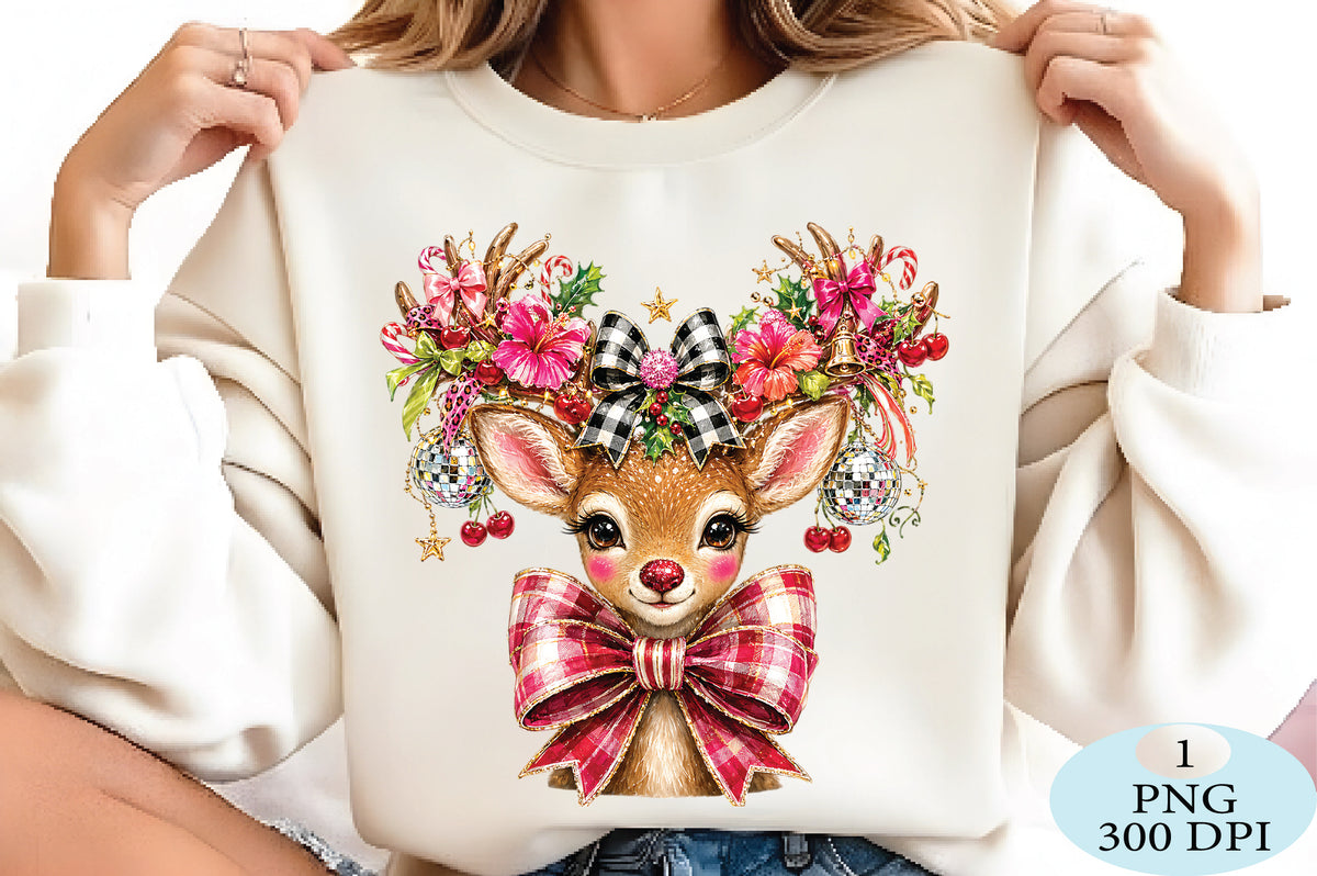 Pink Bow Christmas Reindeer PNG