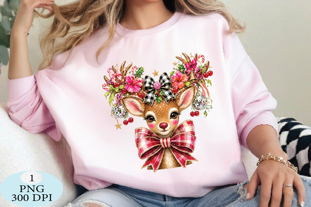 Pink Bow Christmas Reindeer PNG