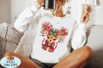 Pink Bow Christmas Reindeer PNG