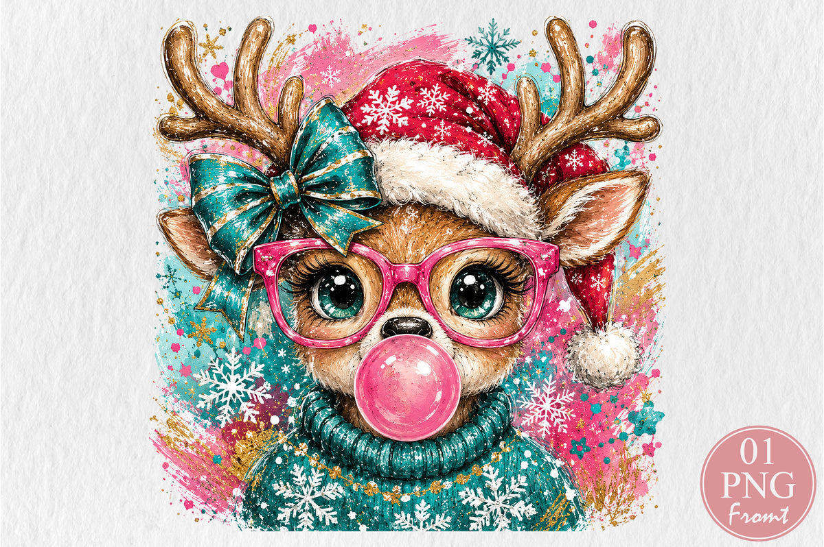Pink Bubblegum Reindeer Christmas PNG Cute Retro Holiday Sublimation Design