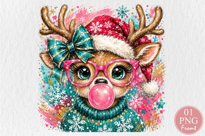 Pink Bubblegum Reindeer Christmas PNG Cute Retro Holiday Sublimation Design